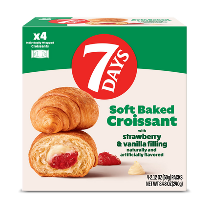 7Days Soft Croissant, Strawberry Vanilla (4 Pack), On The Go Breakfast, Individually Wrapped (2.12oz, Pack of 4)
