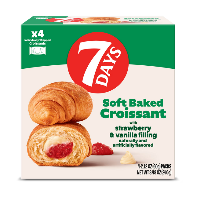 7Days Soft Croissant, Strawberry Vanilla (4 Pack), On The Go Breakfast, Individually Wrapped (2.12oz, Pack of 4)