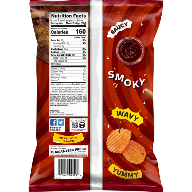 Lay'S Wavy Hickory BBQ Flavored Potato Chips, 7.5 Oz Bag