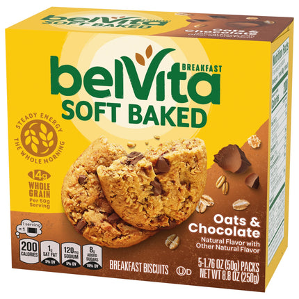 Belvita Soft Baked Breakfast Bars, Oats & Chocolate, 5 Packs (1 Biscuit per Pack)