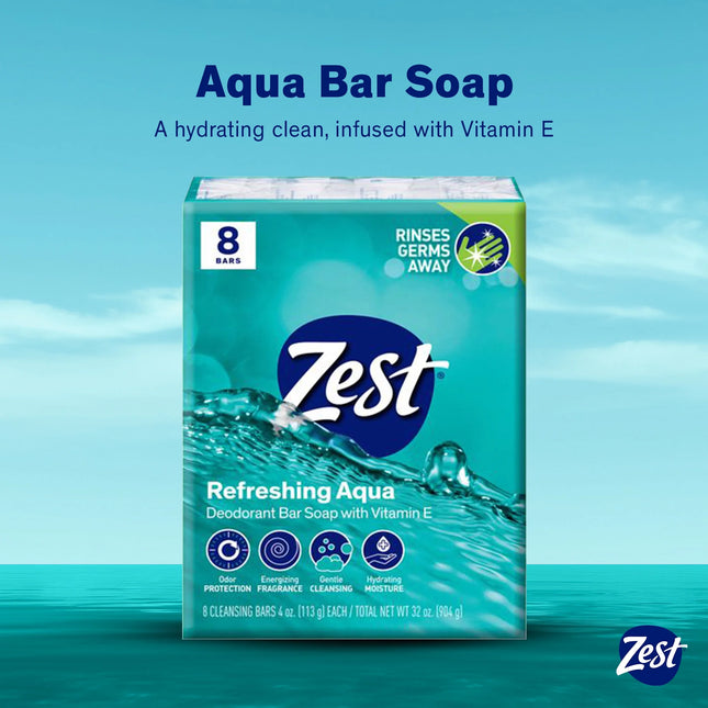Zest Deodorant Bar Soap, Hydrating Moisture for All Skin Types, Aqua, 4 Oz, 8 Bars