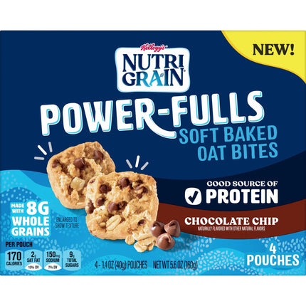 Kellogg'S Nutri-Grain Power-Fulls Chocolate Chip Chewy Soft Baked Oat Bites, Protein Snacks, 5.6 Oz, 4 Count