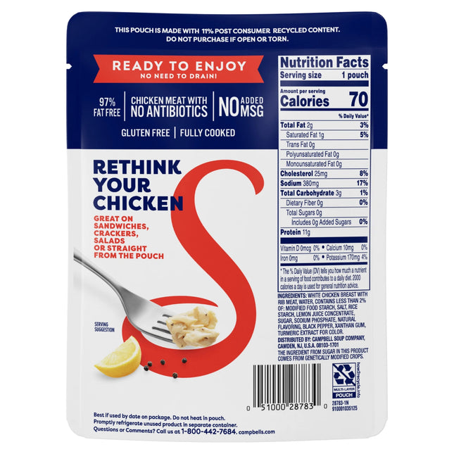Swanson Lemon and Coarse Ground Pepper White Chunk Fully Cooked Chicken, Ready to Eat, Simple On-The-Go Meals, 2.6 Oz Pouch
