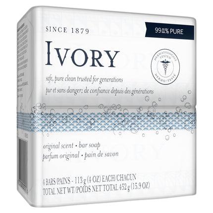 Ivory Bar Soap, Original Scent, All Skin Types, 4 Count, 4 Ounces Each