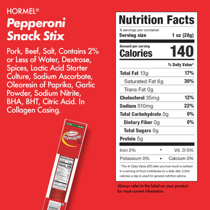 HORMEL Pepperoni Stick, Protein Snacks, Original, Refrigerated, 8 Oz Plastic Package