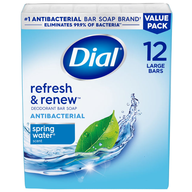 Dial Antibacterial Bar Soap, Refresh & Renew, Spring Water, 4 Oz, 12 Bars
