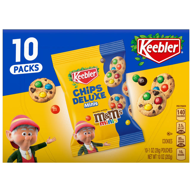 Keebler Chips Deluxe Minis Made with M&M’S, Chocolate Chip Cookies, 1 Oz Pouches, 10 Count