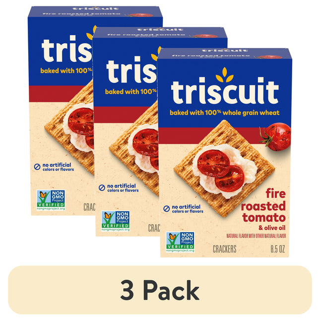 (3 Pack) Triscuit Fire Roasted Tomato & Olive Oil Whole Grain Wheat Crackers, Snack Crackers, 8.5 Oz