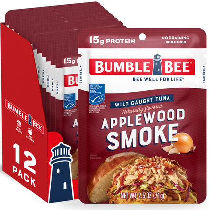 Bumble Bee Applewood Smoke Naturally Flavored Light Tuna, Wild Caught, Gluten Free, 15G Protein per Serving, Ready to Eat, Shelf Stable Pouch, 2.5 Oz
