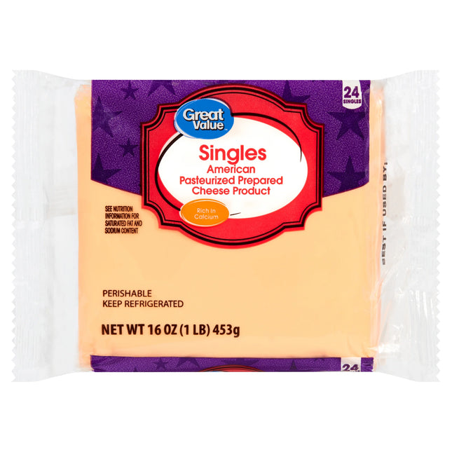 Great Value Individually Plastic Wrapped Singles American Cheese Product, 16 Oz Package, 24 Slices