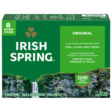 Irish Spring Original Deodorant Bar Soap for Men, with Flaxseed Oil, 3.7 Oz Bar (8 Pack)