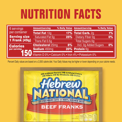 Hebrew National 100% Kosher Beef Franks, Hot Dogs, 10.3 Oz 6 Count