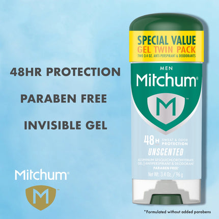 Mitchum Men’S Triple Odor Protection Antiperspirant & Deodorant Gel, Unscented, 2 Pack