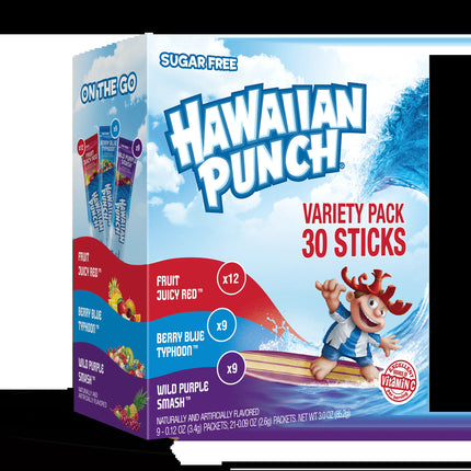 Hawaiian Punch Powder Drink Mix Variety Pack, Red, Blue, & Purple, Sugar-Free, 30 Count