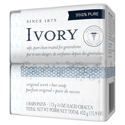 Ivory Bar Soap, Original Scent, All Skin Types, 4 Count, 4 Ounces Each