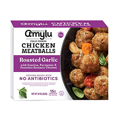 Amylu Roasted Garlic w/ Fontina, Parmesan & Pecorino Romano Cheese Chicken Meatballs, 2 lbs.