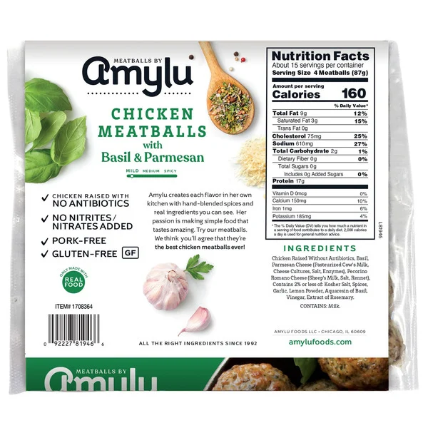 Amylu Chicken Meatballs Basil & Parmesan, 46 oz