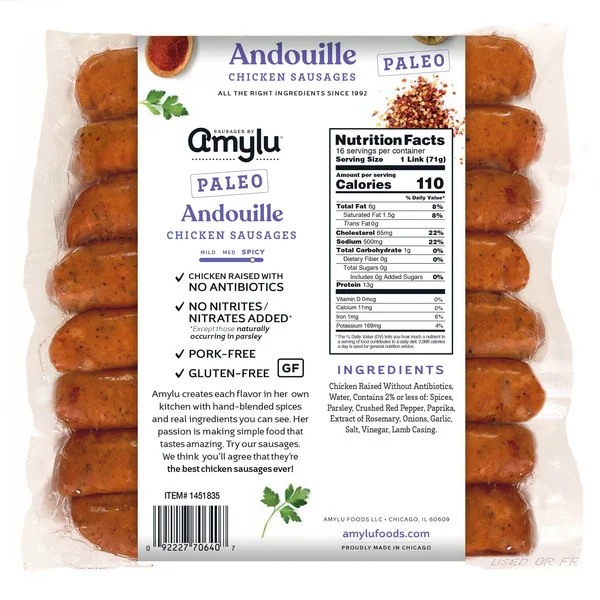 Amylu Paleo Andouille Sausage, 16-count