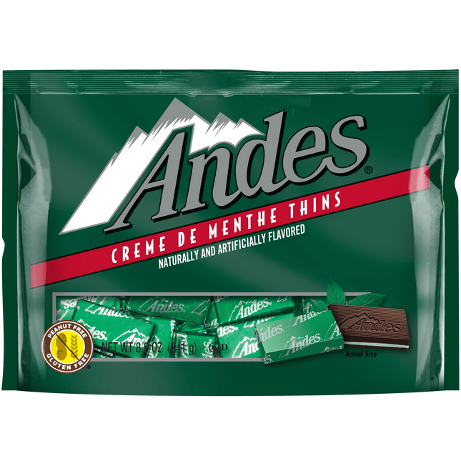 Andes, Crème De Menthe, Mint Chocolate Candy, 8.5 Oz. Gluten Free & Peanut Free. Contains Milk.