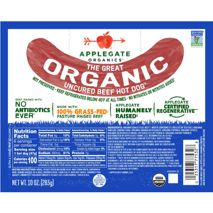 Applegate Organics The Great Organic Uncured Beef Hot Dog - 10oz