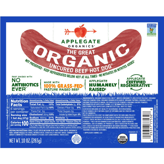 Applegate Organics The Great Organic Uncured Beef Hot Dog - 10oz