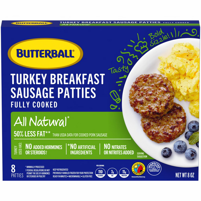 Butterball All Natural Turkey Breakfast Sausage Patties, 8 Patties