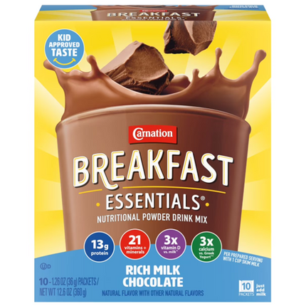 Carnation Breakfast Essentials Powder Shake Drink Mix Packets, Rich Milk Chocolate 10 Count