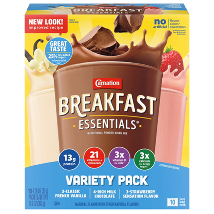 Carnation Breakfast Essentials Nutritional Powder Drink Mix, Variety Pack, 10 Packets