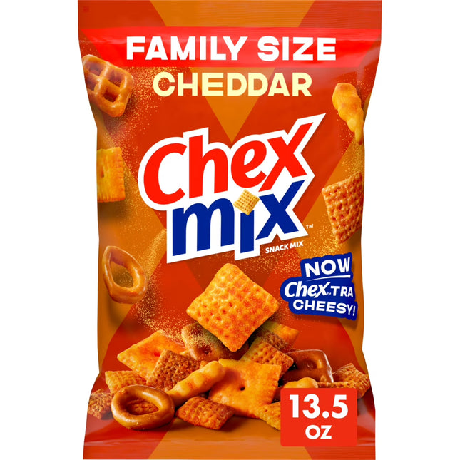 Chex Mix Cheddar Snack Mix, Savory Snack Bag, Family Size, 13.5 oz