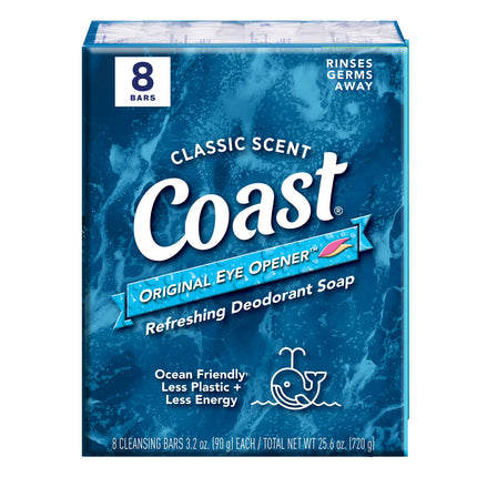 Coast Refreshing Deodorant Bar Soap, for All Skin Types, Classic Scent, 3.2 Oz, 8 Bars