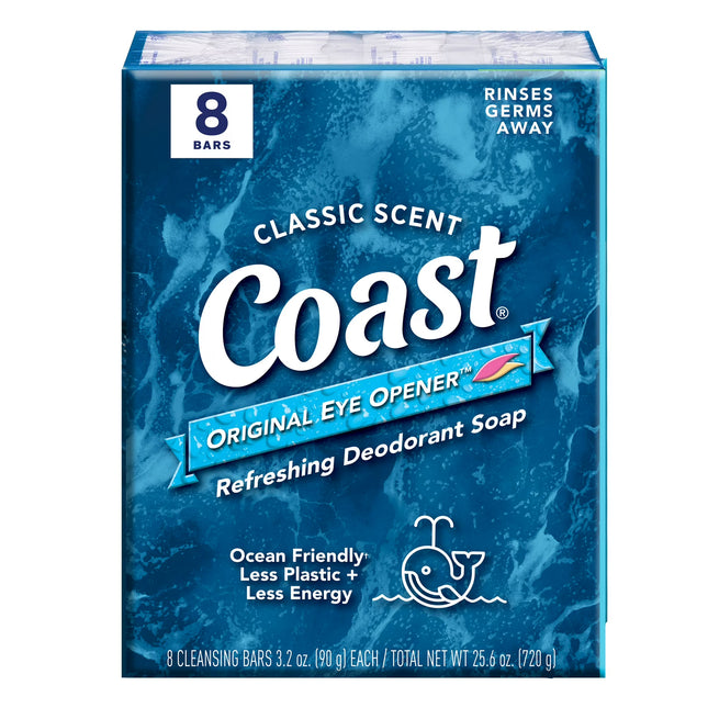 Coast Refreshing Deodorant Bar Soap, for All Skin Types, Classic Scent, 3.2 Oz, 8 Bars
