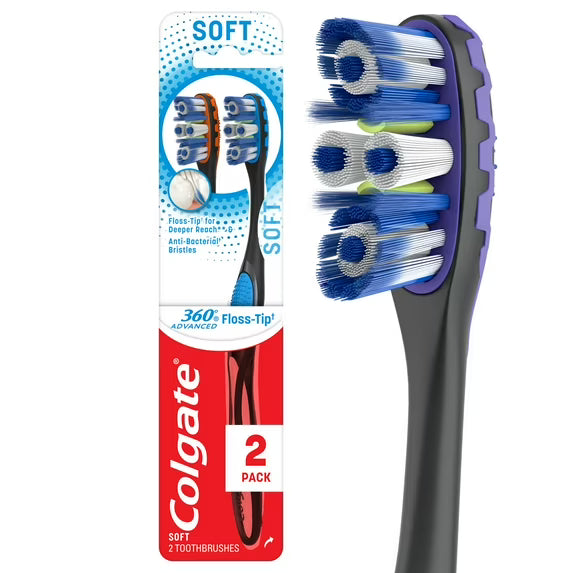 Colgate 360 Advanced Floss-Tip Bristles Adult Manual Toothbrush, Medium, 2 Pack