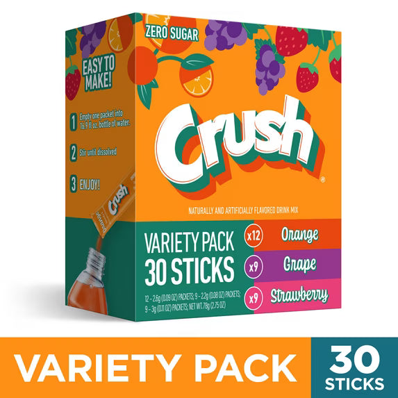 Crush Drink Mix Variety Pack, Orange, Grape & Strawberry 30-Count