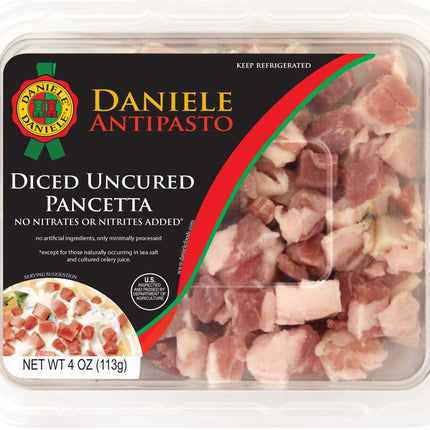 Del Duca, Diced Pancetta, Uncured Pork Belly, 4 Oz Plastic Tray, Serving Size .5 Oz, 2 Grams of Protein per Serving