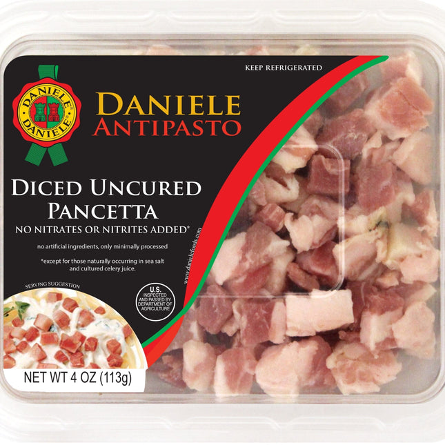 Del Duca, Diced Pancetta, Uncured Pork Belly, 4 Oz Plastic Tray, Serving Size .5 Oz, 2 Grams of Protein per Serving