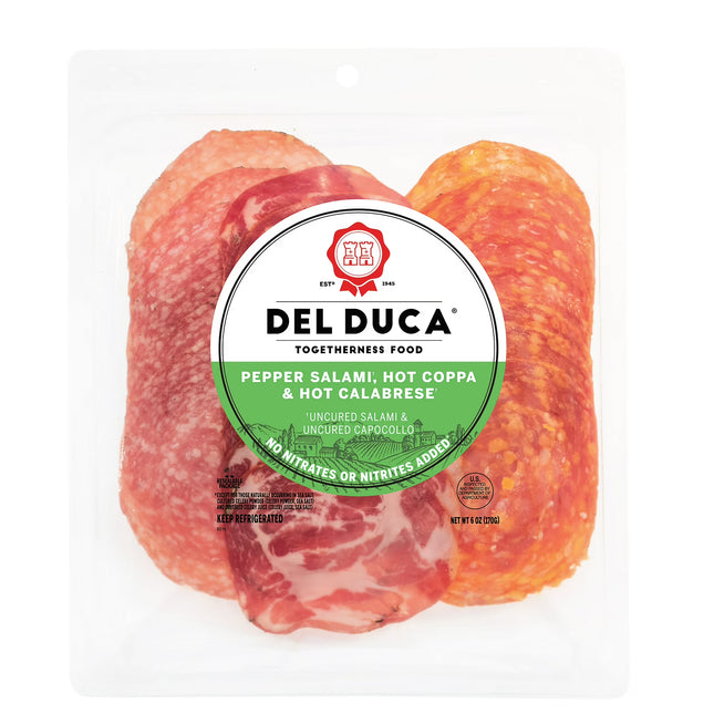 Del Duca, Uncured Pork Variety Pack, Spicy Deli Charcuterie Meat, 6 Oz1 Oz,Hot Calabrese, Pepper Salami & Hot Capocollo