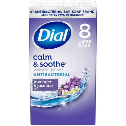 Dial Antibacterial Bar Soap, Calm & Soothe, Lavender & Jasmine Scent, 4 Oz, 8 Bars