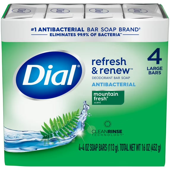 Dial Antibacterial Bar Soap, Refresh & Renew, Mountain Fresh, 4 oz, 4 Bars