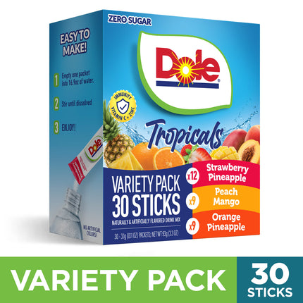 Dole Powder Drink Mix Variety Pack, Tropical, Peach Mango & Strawberry Pineapple, Sugar-Free, 30 Ct