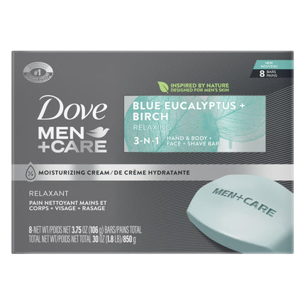 Dove Men+Care 3-In-1 Men'S Dry Hand, Body, Face + Shave Bar Relaxing Blue Eucalyptus, 3.75 Oz 8 Bars