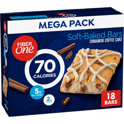 Fiber One 70 Calorie Soft Baked Bars, Cinnamon Coffee Cake, Mega Pack, 18 Ct, 16 oz