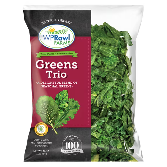 Fresh Greens Trio, 16 oz collard greens, mustard greens, turnip greens New York State Approved, Inmate Care package friendly