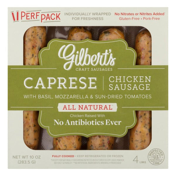 Gilbert's Craft Chicken Sausages , ,Caprese, with Basil, Mozzarella & Sun-Dried Tomatoes Pork free