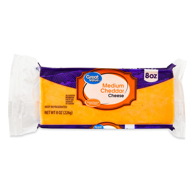 Great Value Medium Cheddar Block Cheese, 8 Oz Chunk