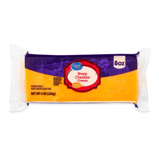 Great Value Sharp Cheddar Block Cheese, 8 Oz Chunk