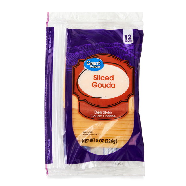 Great Value Deli Style Sliced Gouda Cheese, 8 Oz Package, 12 Slices