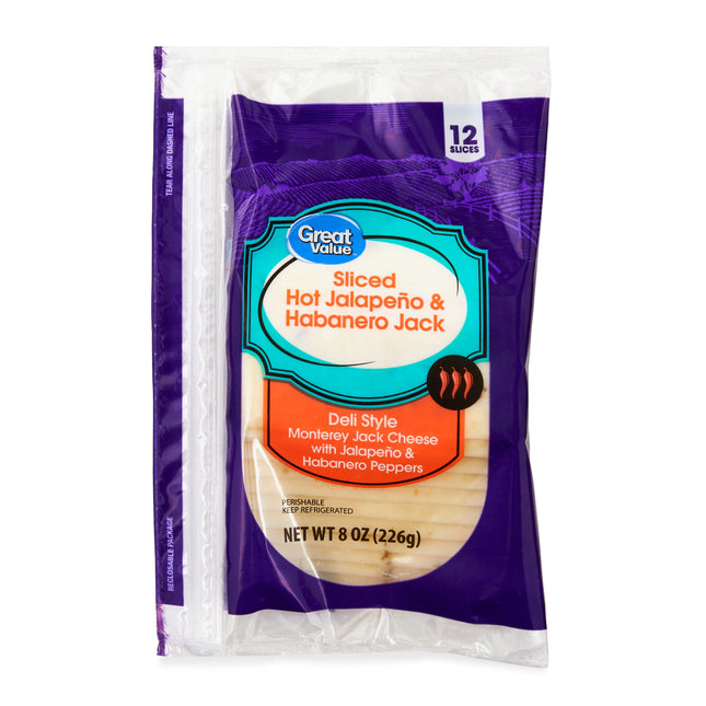 Great Value Hot Jalapeno & Habanero Jack Deli Style Sliced Cheese, 8 Oz Package, 12 Slices