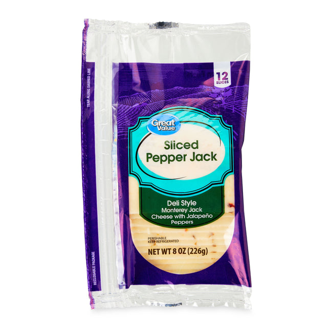 Great Value Pepper Jack Deli Style Sliced Cheese, 8 Oz Package, 12 Slices
