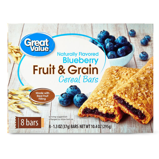Great Value Fruit & Grain Cereal Bars, Blueberry, 1.3 Oz, 8 Count