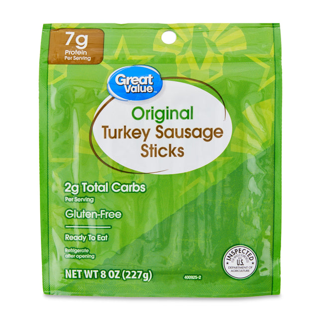 Great Value Original Fully Cooked Turkey Sausage Sticks Resealable Plastic Package, 8 Oz
